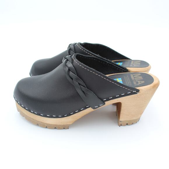 MIA Swedish Clogs 37 Womens 7 Black Leather Braided Wooden Heel Comfort Shoe - Picture 2 of 9